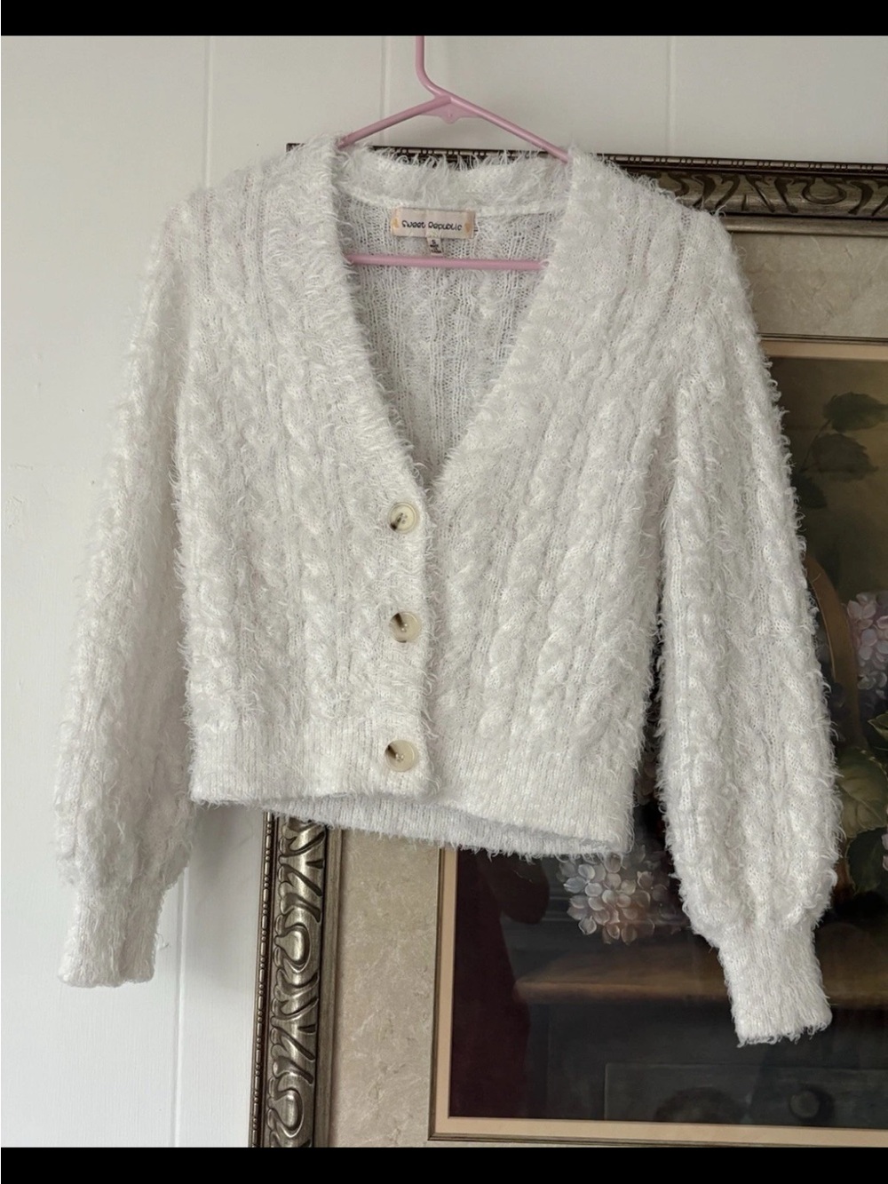 Textured Cream Fuzzy Button-Front Cardigan by